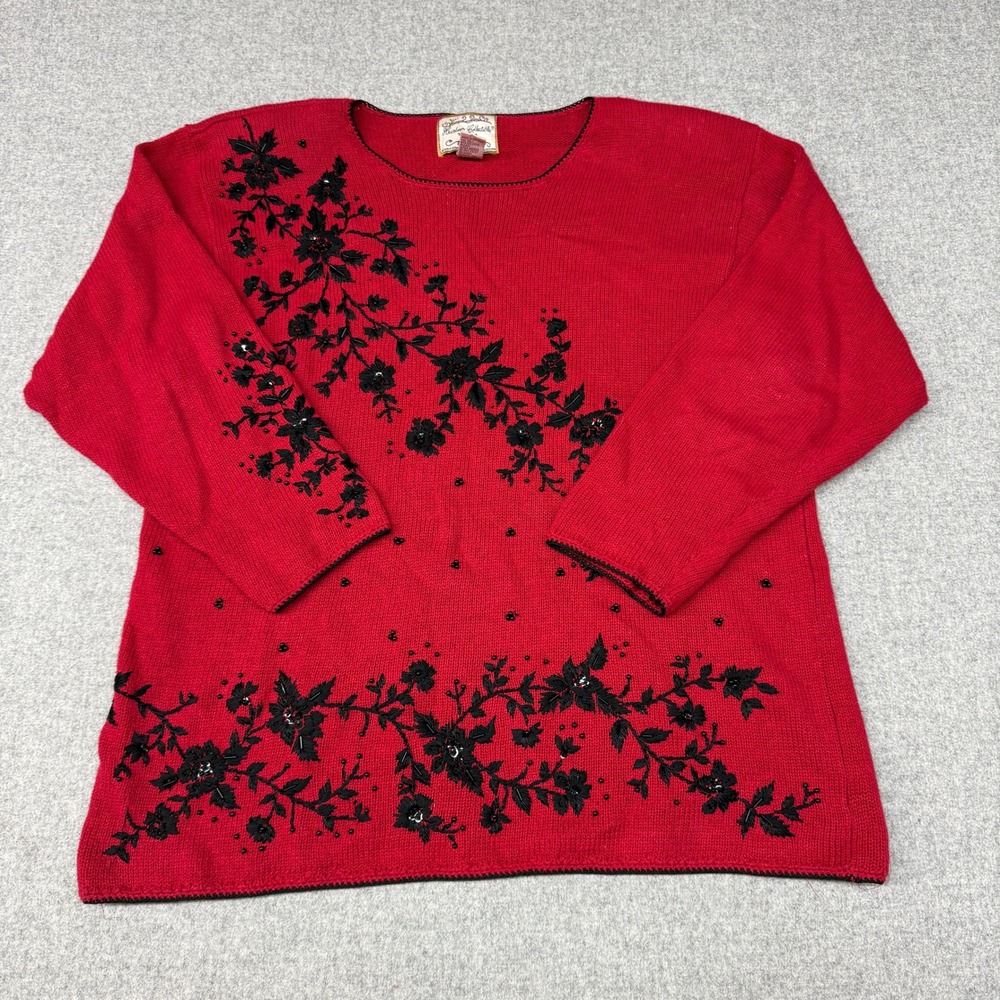 Heirloom Collectibles Sweater 2X Red Floral Beaded Sequin Ramie Cotton Knit Top